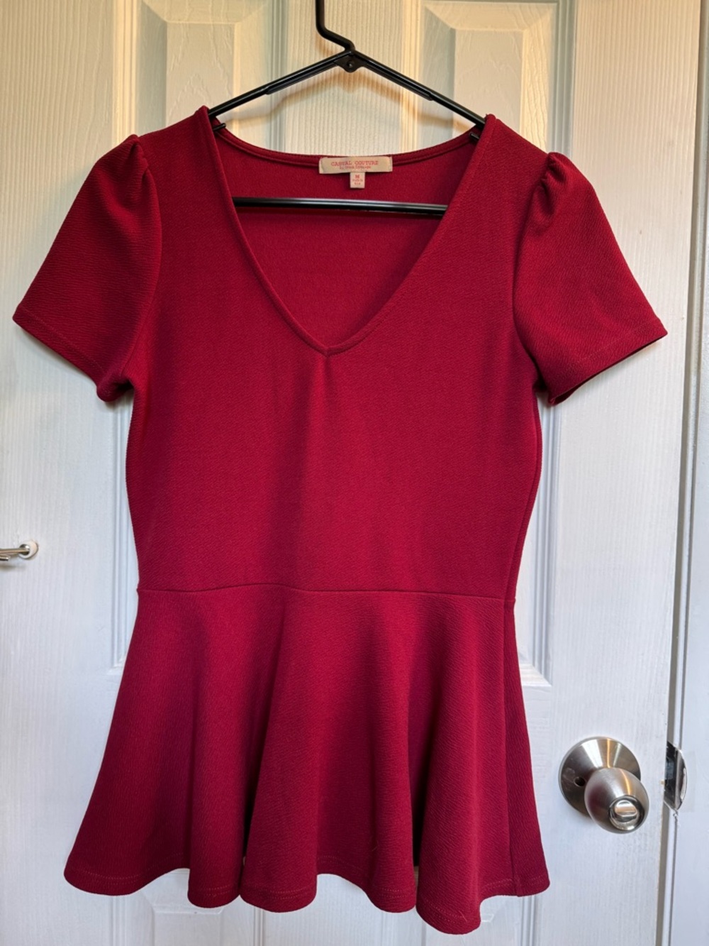 Deep Red V-Neck Peplum Top by Casual Couture